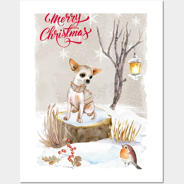 White Smooth Haired Chihuahua Merry Christmas Santa Dog Wall Art by Puppy Eyes